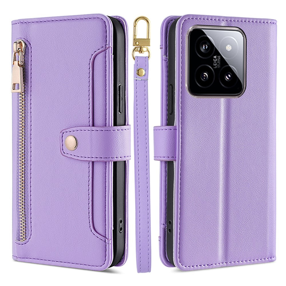 For Xiaomi 14 Case Card Slots Zipper Wallet Leather Cover with 2 Straps