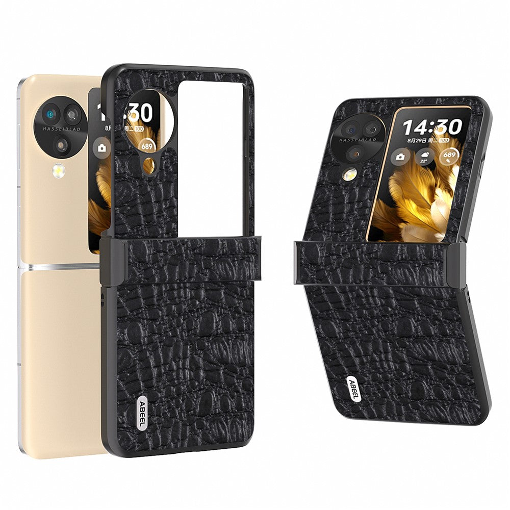 ABEEL For Oppo Find N3 Flip 5G Case Genuine Cow Leather Coated PC Cover with Hinge Protection