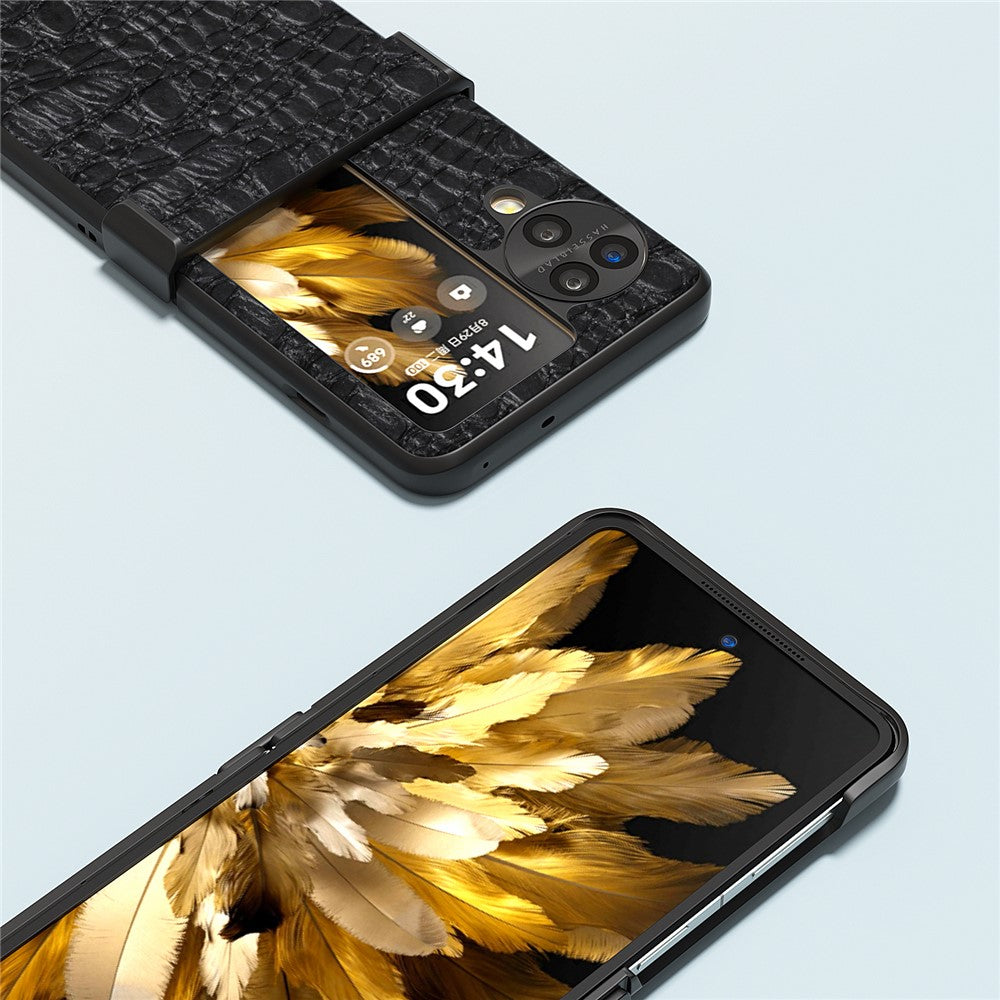 ABEEL For Oppo Find N3 Flip 5G Case Genuine Cow Leather Coated PC Cover with Hinge Protection