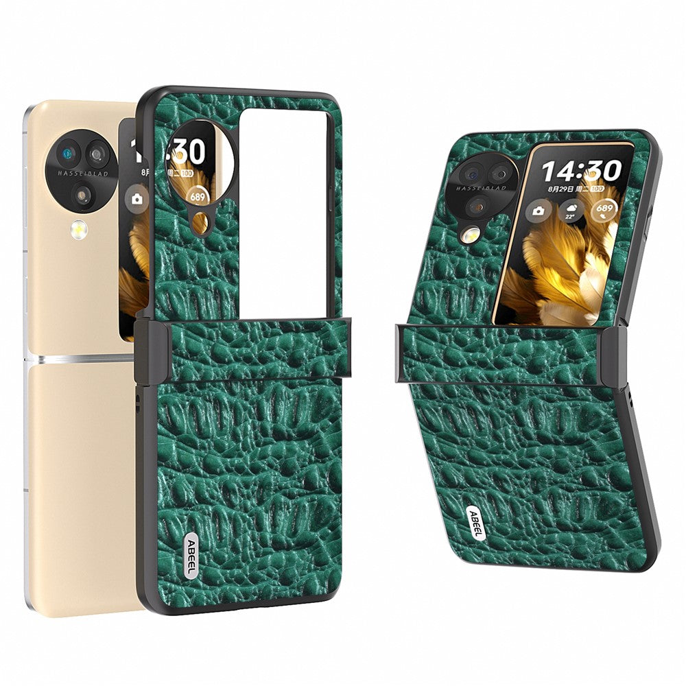 ABEEL For Oppo Find N3 Flip 5G Case Genuine Cow Leather Coated PC Cover with Hinge Protection
