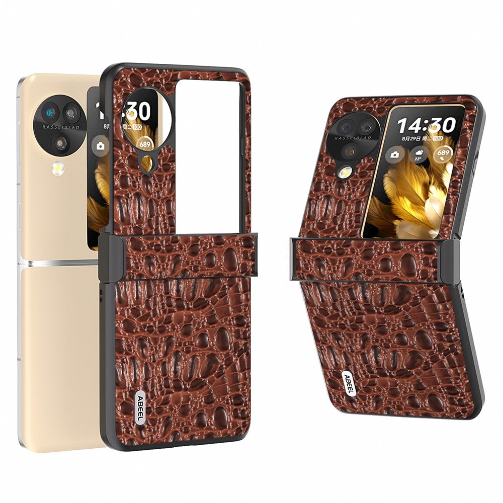 ABEEL For Oppo Find N3 Flip 5G Case Genuine Cow Leather Coated PC Cover with Hinge Protection