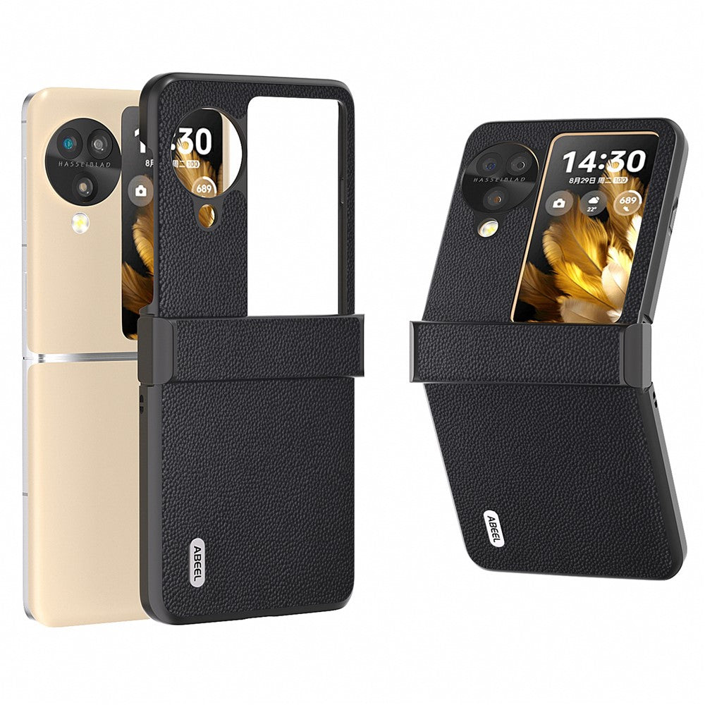 ABEEL For Oppo Find N3 Flip 5G Case Genuine Cow Leather+PC Hinge Protection Phone Cover