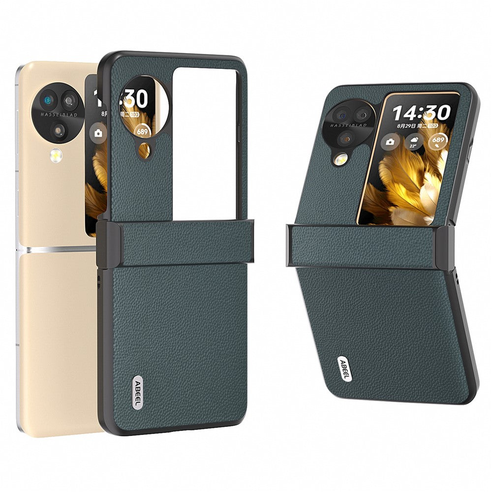 ABEEL For Oppo Find N3 Flip 5G Case Genuine Cow Leather+PC Hinge Protection Phone Cover