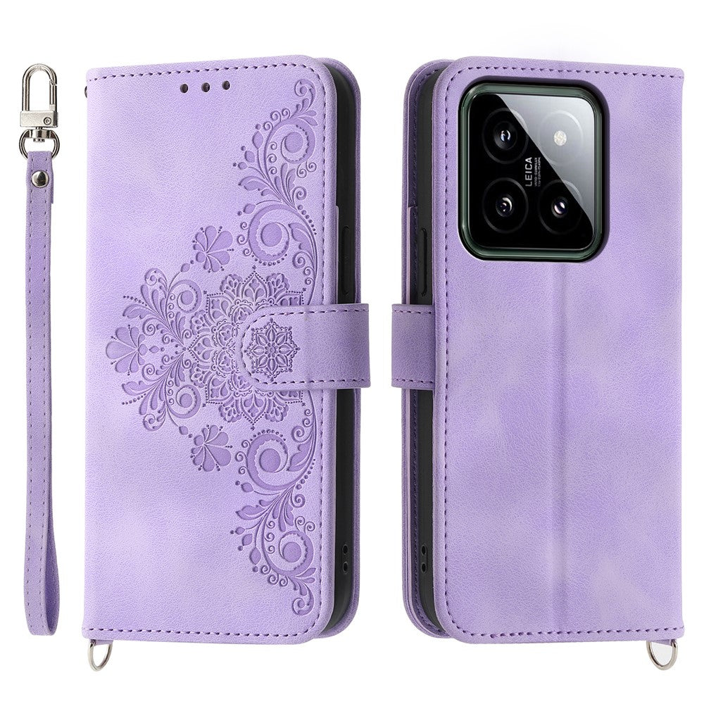 For Xiaomi 14 Case Wallet Imprinted Flower Leather Phone Cover with 2 Straps