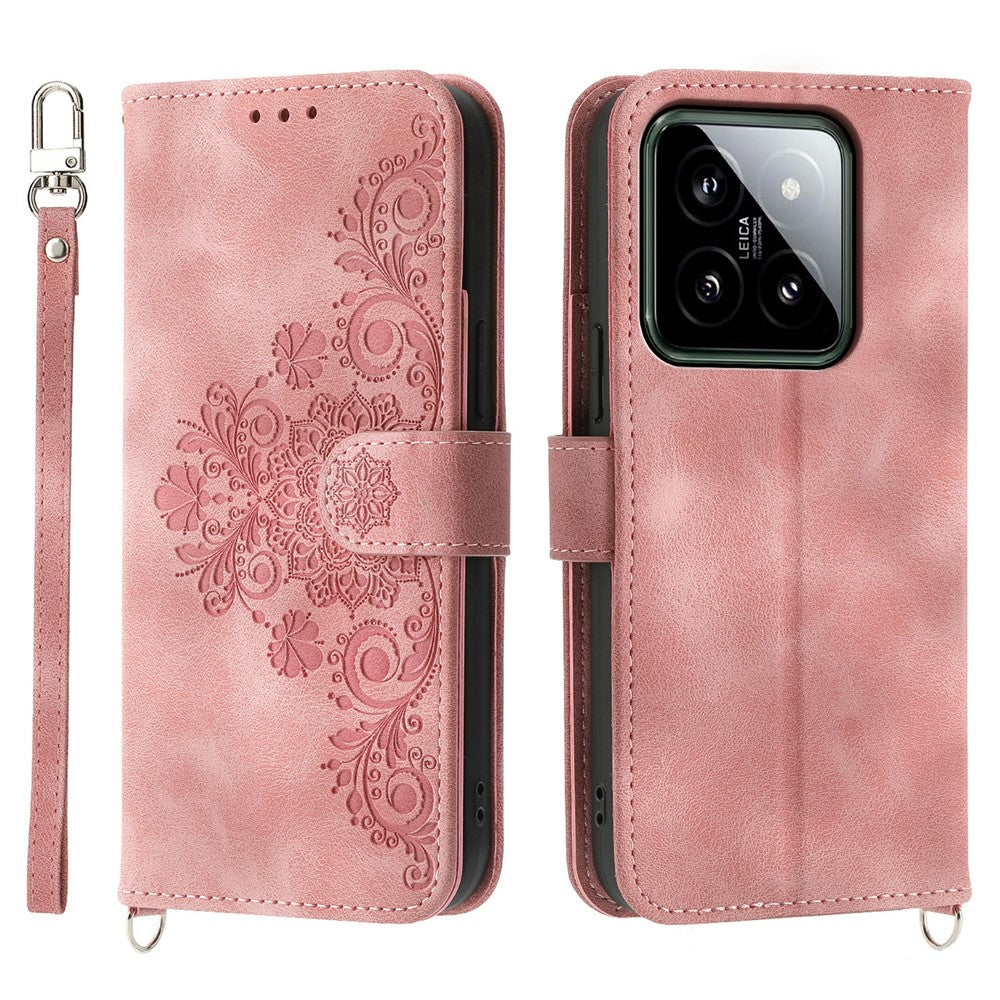 For Xiaomi 14 Case Wallet Imprinted Flower Leather Phone Cover with 2 Straps