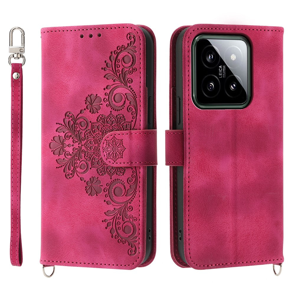 For Xiaomi 14 Case Wallet Imprinted Flower Leather Phone Cover with 2 Straps