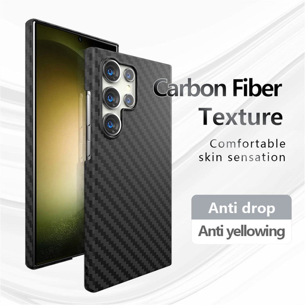 Samsung Galaxy S23 Ultra-skal i kolfiberstruktur med fingeravtrycksskydd och bakstycke i smartphone-stil