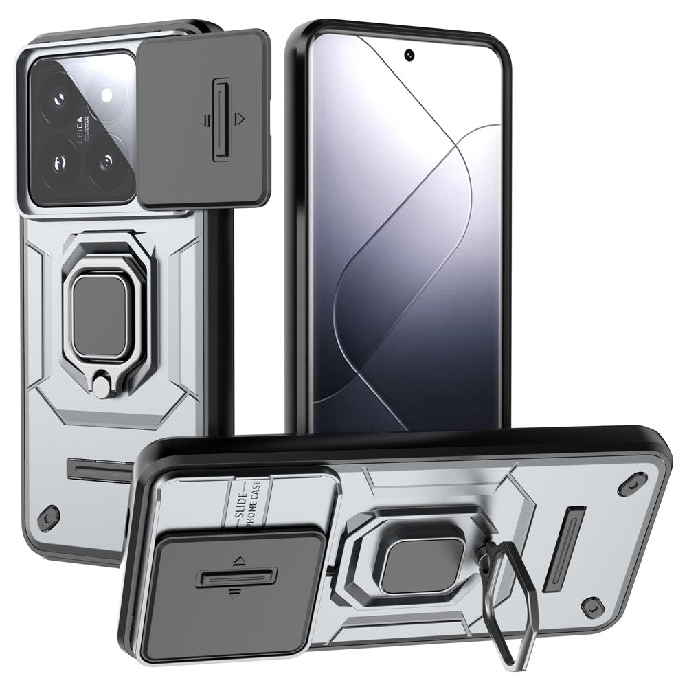 For Xiaomi 14 Pro Case PC+TPU Shockproof Kickstand Phone Protector with Slide Lens Shield