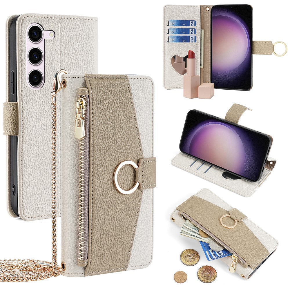 Plånboksfodral i PU-läder med axelrem och spegeldesign för Samsung Galaxy S23