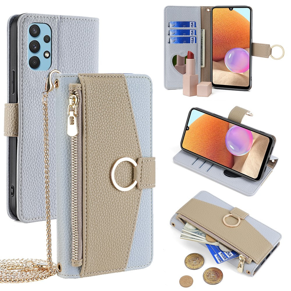 For Samsung Galaxy A32 4G (EU Version) Case PU Leather Wallet Cover with Crossbody Shoulder Strap