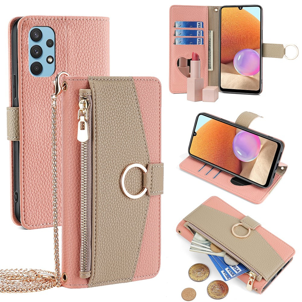For Samsung Galaxy A32 4G (EU Version) Case PU Leather Wallet Cover with Crossbody Shoulder Strap