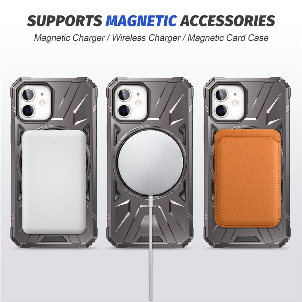 Til iPhone 12 / 12 Pro 6,1 tommer telefoncover TPU+PC magnetisk bagskal med roterende støttefod