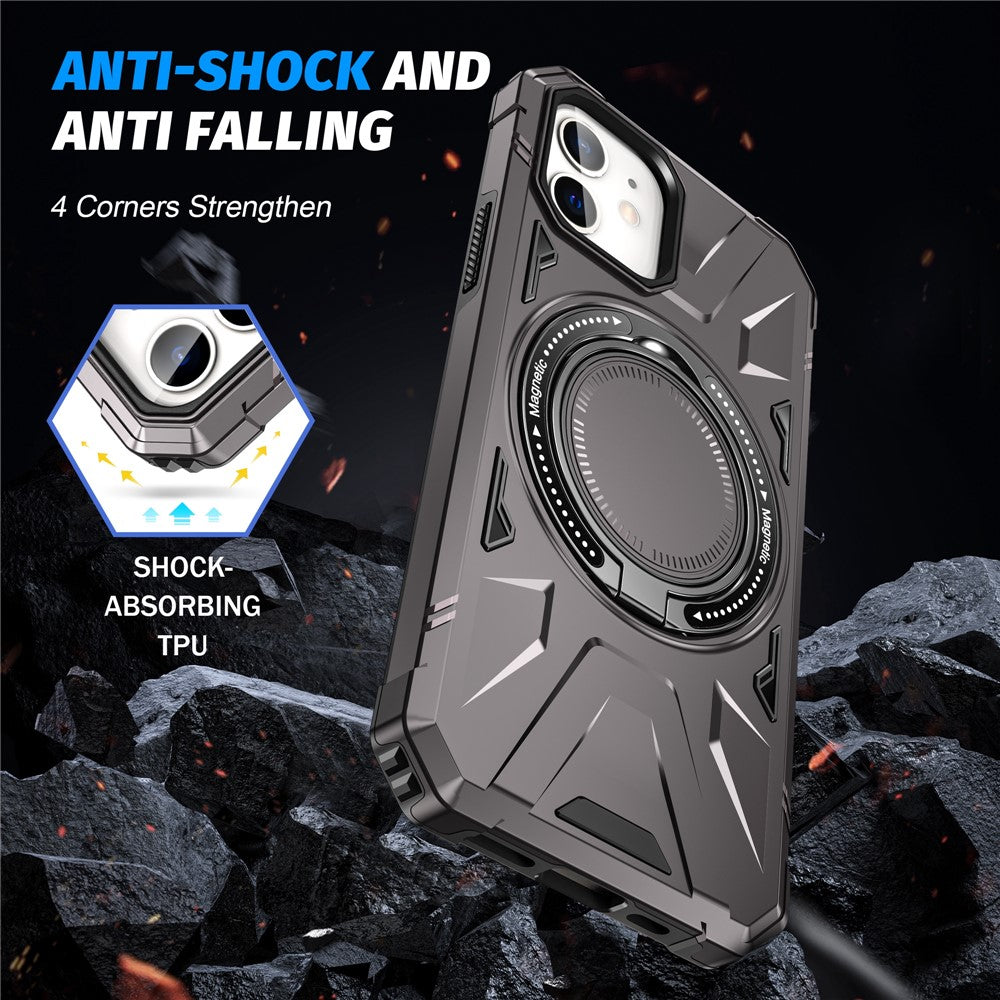 Til iPhone 12 / 12 Pro 6,1 tommer telefoncover TPU+PC magnetisk bagskal med roterende støttefod