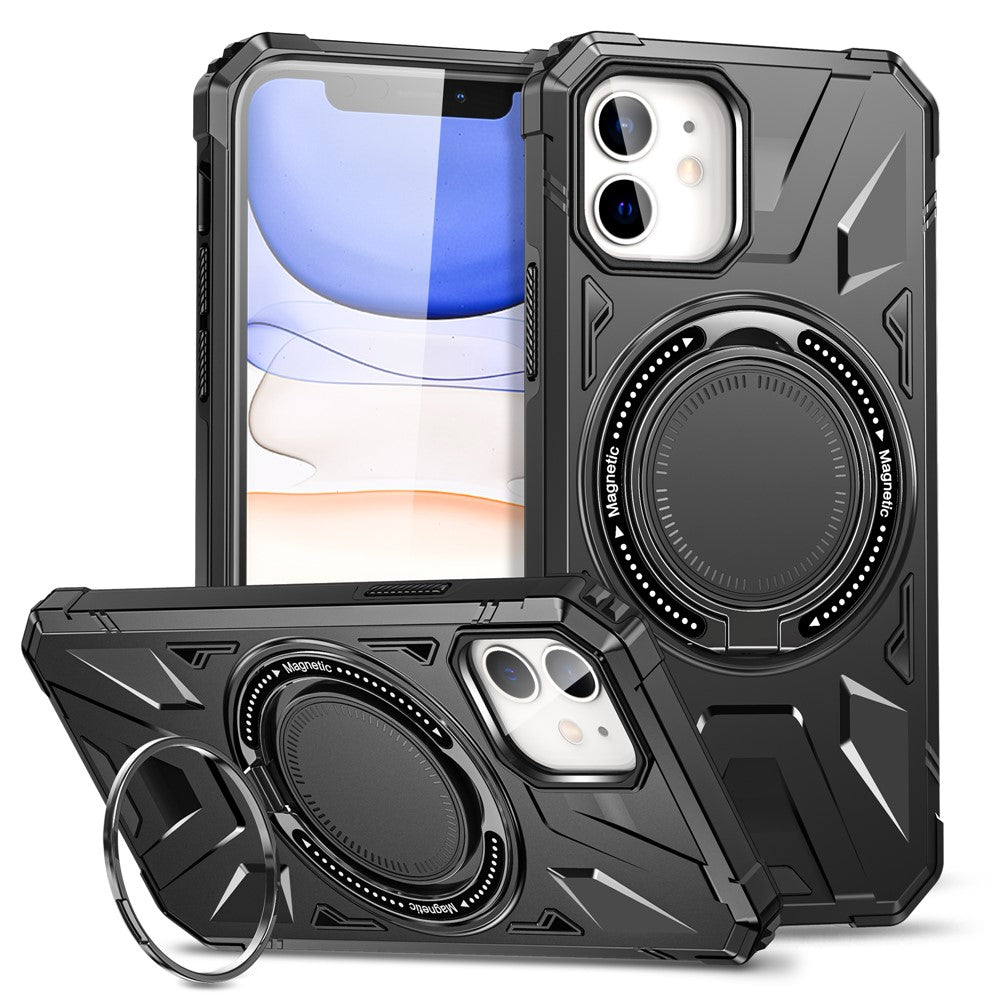 Til iPhone 12 / 12 Pro 6,1 tommer telefoncover TPU+PC magnetisk bagskal med roterende støttefod