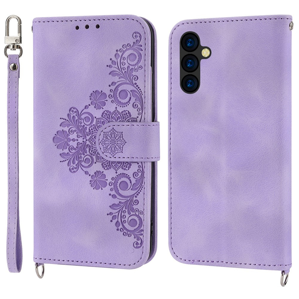 Til Samsung Galaxy A35 5G mobiltelefoncover Blomstermønster i TPU+PU-læder med stropper