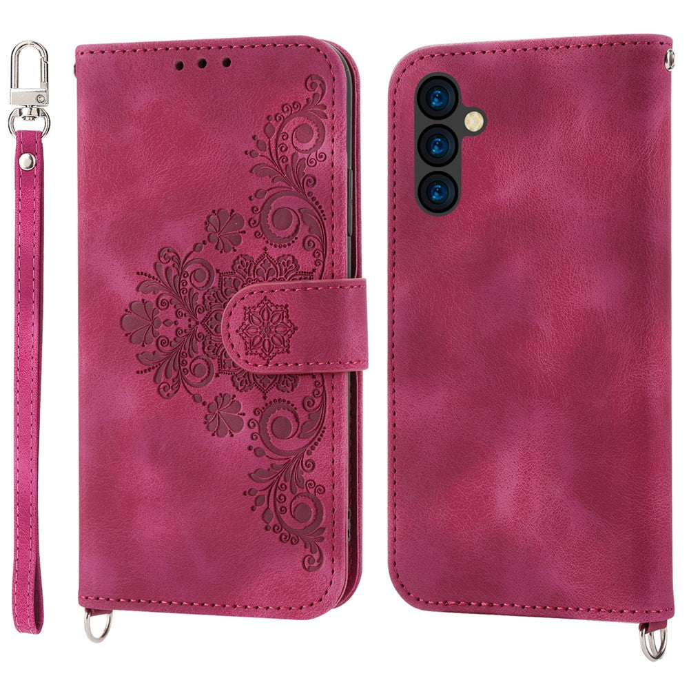 Til Samsung Galaxy A35 5G mobiltelefoncover Blomstermønster i TPU+PU-læder med stropper