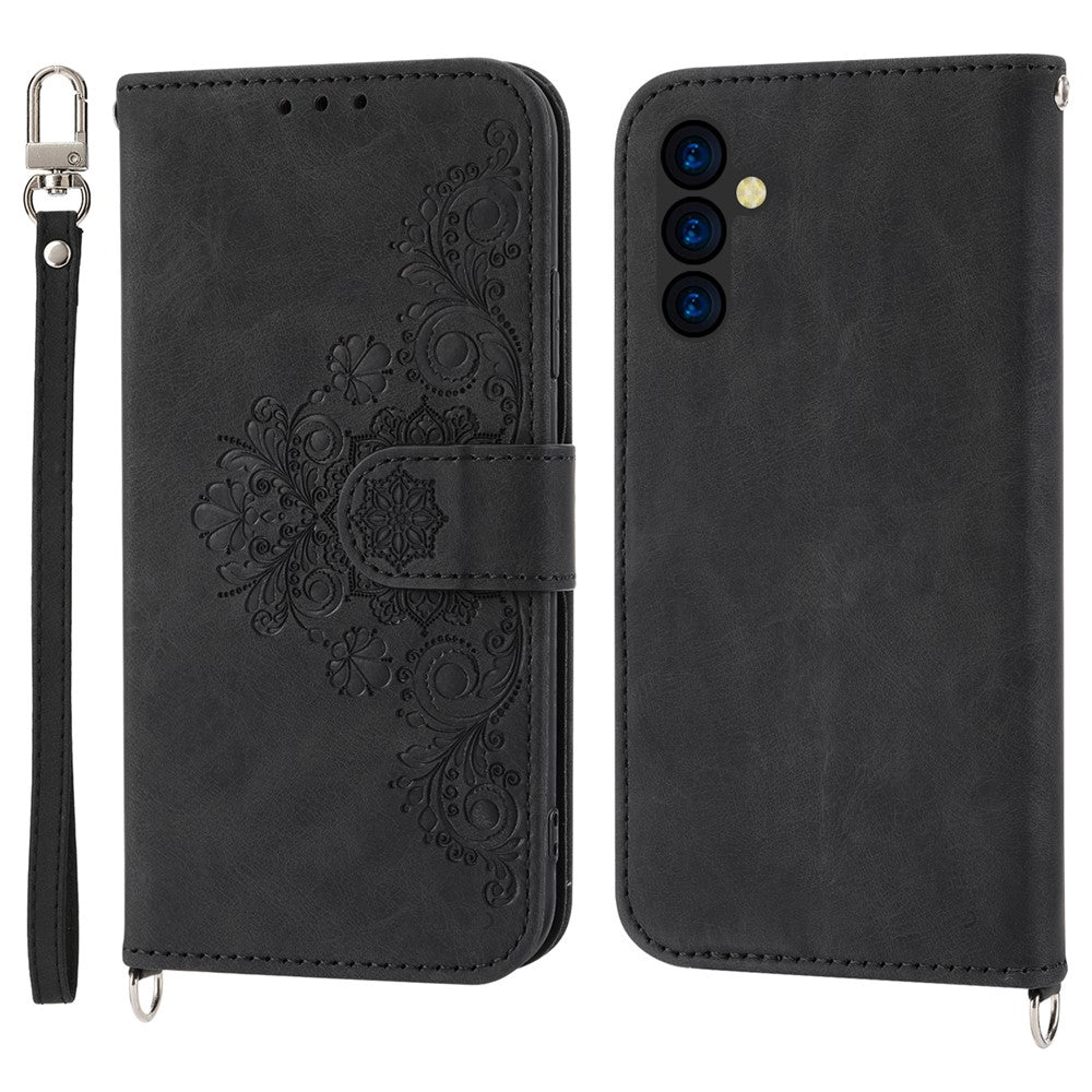 Til Samsung Galaxy A35 5G mobiltelefoncover Blomstermønster i TPU+PU-læder med stropper