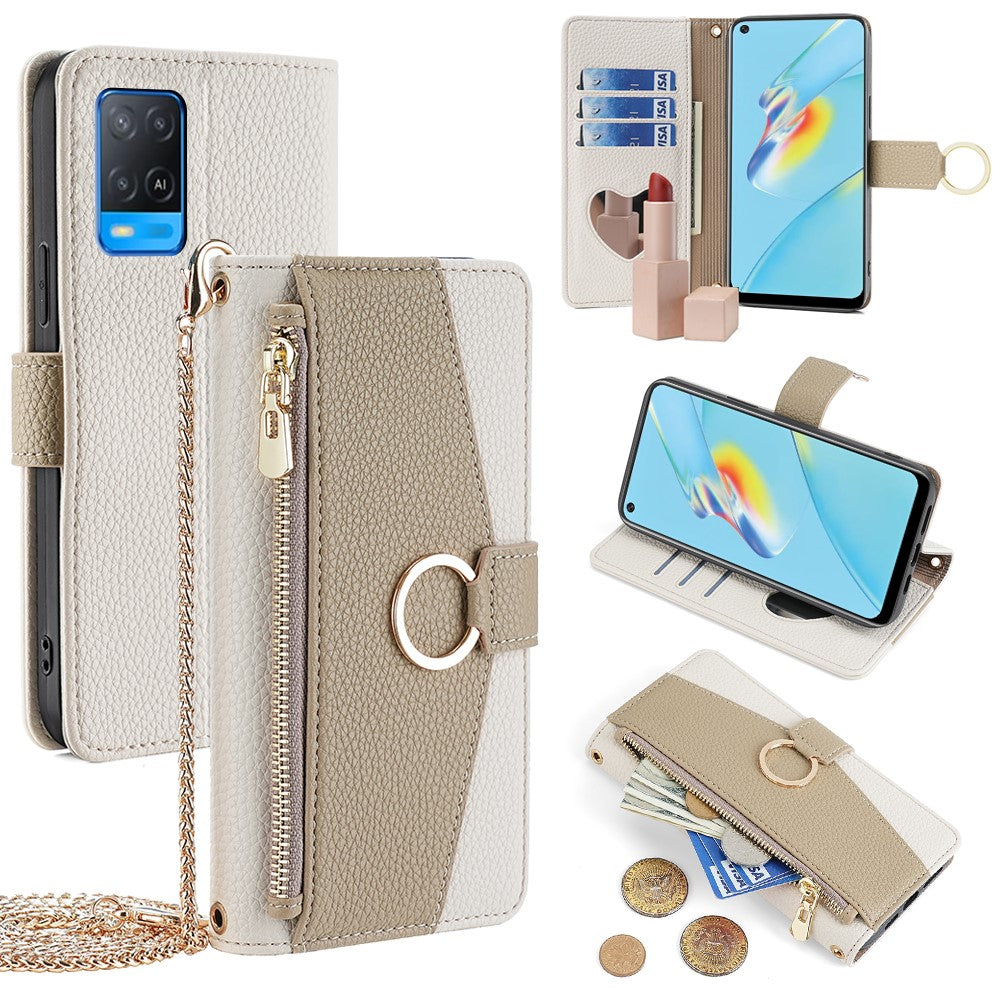 For Oppo A54 4G Leather Case Stand Multi-functional Mobile Phone Cover Wallet with Chain Strap