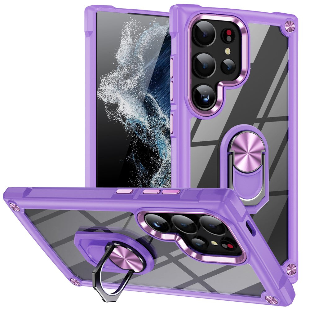 For Samsung Galaxy S24 Ultra Case Drop-proof PC+TPU Metal Ring Kickstand Phone Back Shell