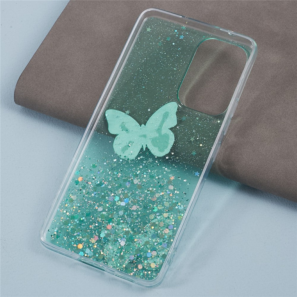 AW-serie til Samsung Galaxy A13 4G TPU+PVC Cover med glimmer og epoxy sommerfugledekoration, beskyttende bagcover