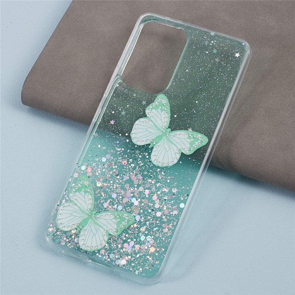 AW-serie til Samsung Galaxy A13 4G TPU+PVC Cover med glimmer og epoxy sommerfugledekoration, beskyttende bagcover