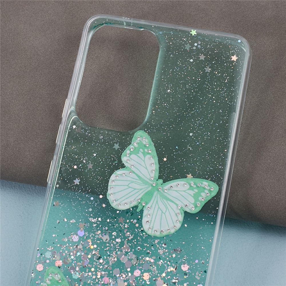 AW-serie til Samsung Galaxy A13 4G TPU+PVC Cover med glimmer og epoxy sommerfugledekoration, beskyttende bagcover
