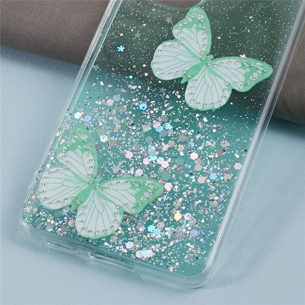 AW-serie til Samsung Galaxy A13 4G TPU+PVC Cover med glimmer og epoxy sommerfugledekoration, beskyttende bagcover