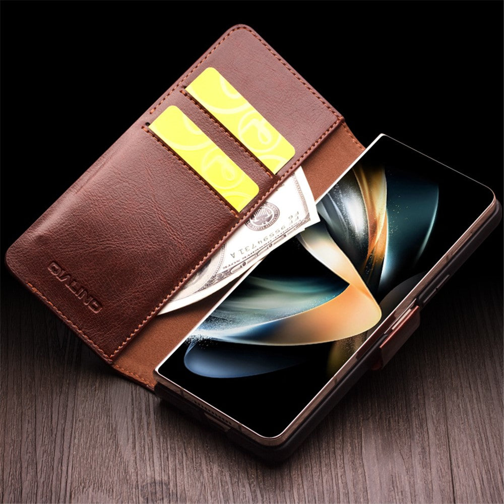 QIALINO For Samsung Galaxy Z Fold4 5G Genuine Cow Leather Case Wallet Magnetic Phone Cover