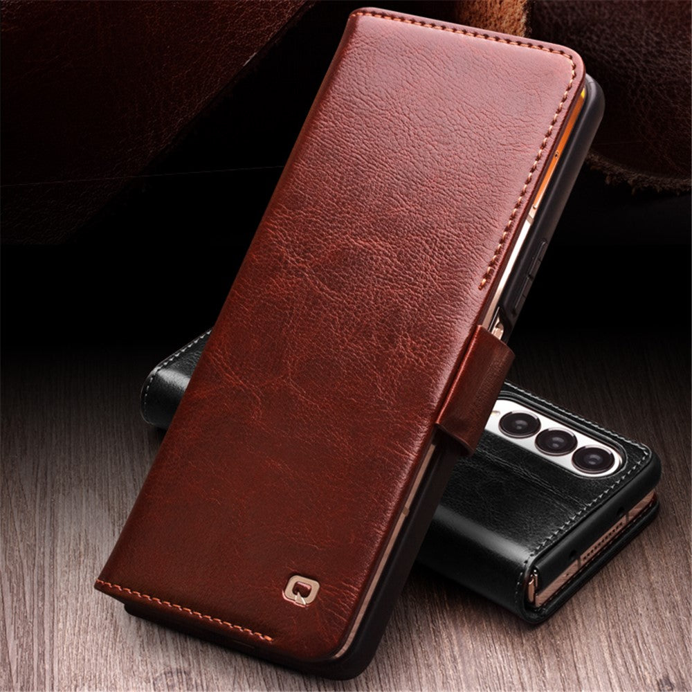 QIALINO For Samsung Galaxy Z Fold4 5G Genuine Cow Leather Case Wallet Magnetic Phone Cover