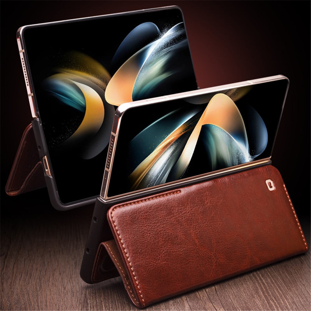 QIALINO For Samsung Galaxy Z Fold4 5G Genuine Cow Leather Case Wallet Magnetic Phone Cover
