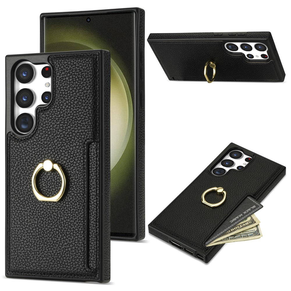 For Samsung Galaxy S24 Ultra Cell Phone Case PU Leather + TPU Ring Kickstand Cover