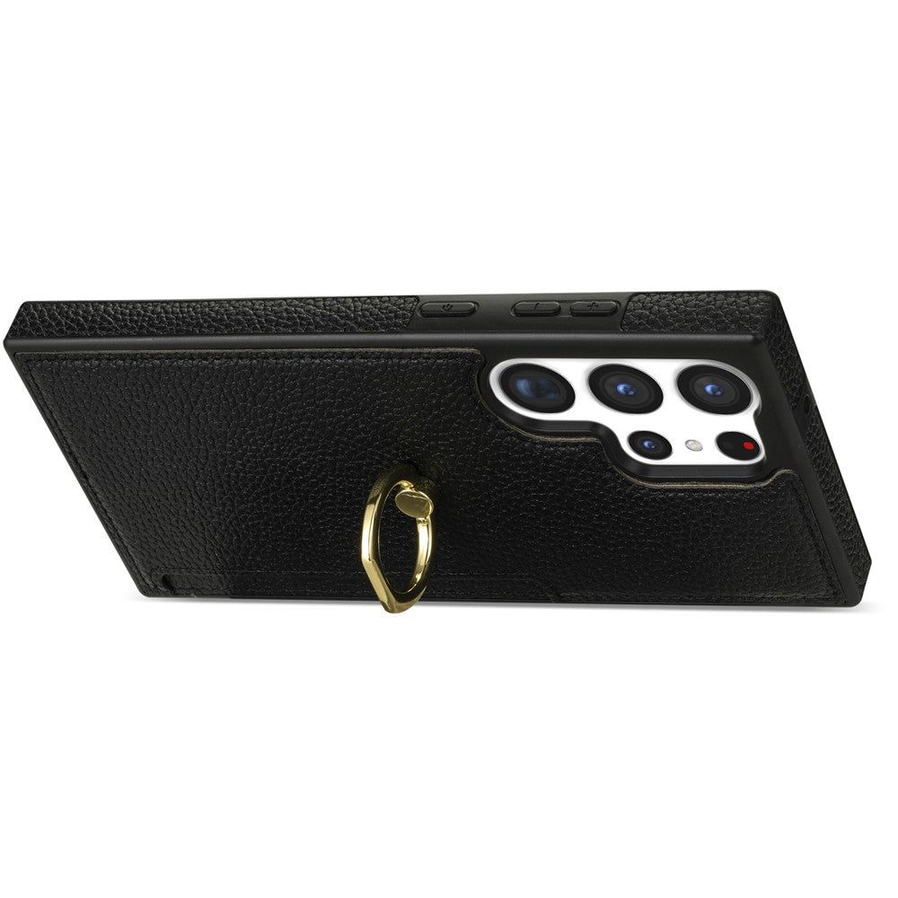 For Samsung Galaxy S24 Ultra Cell Phone Case PU Leather + TPU Ring Kickstand Cover
