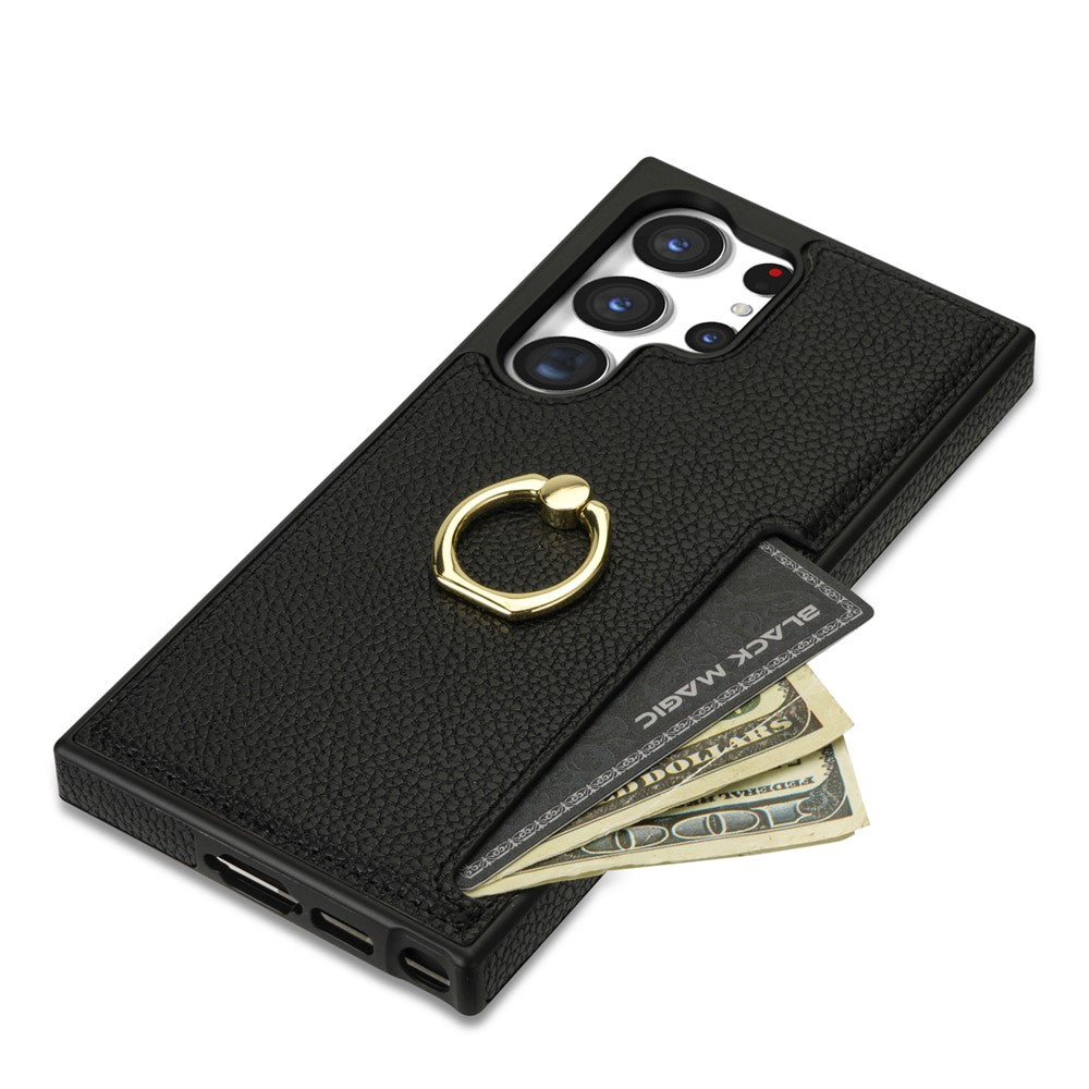 For Samsung Galaxy S24 Ultra Cell Phone Case PU Leather + TPU Ring Kickstand Cover