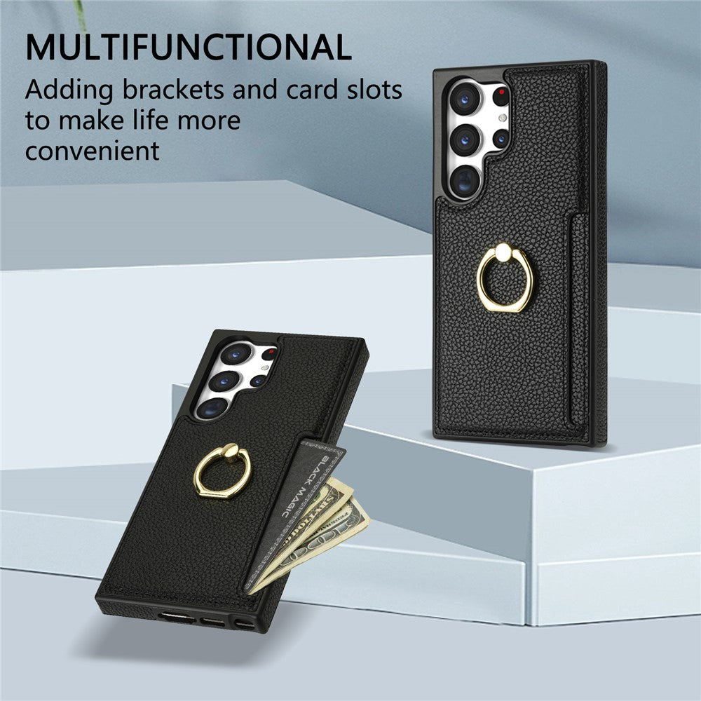 For Samsung Galaxy S24 Ultra Cell Phone Case PU Leather + TPU Ring Kickstand Cover