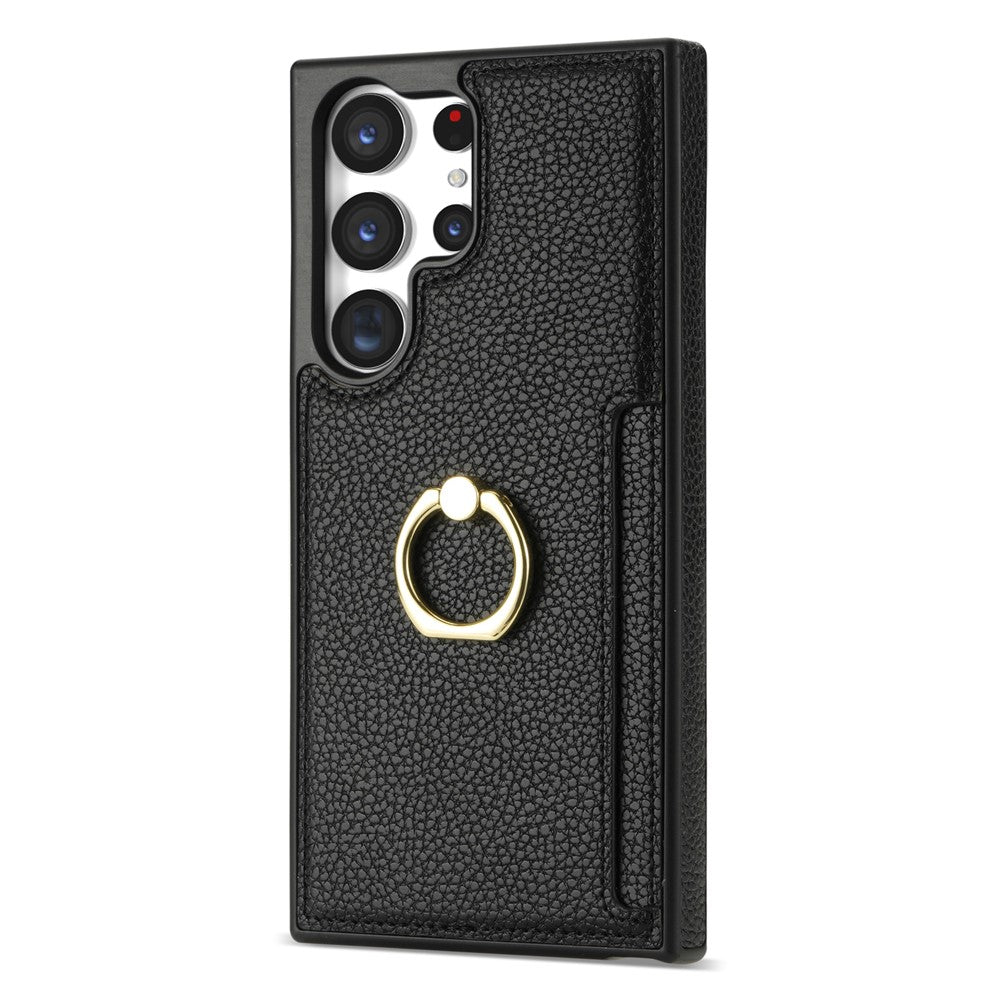 For Samsung Galaxy S24 Ultra Cell Phone Case PU Leather + TPU Ring Kickstand Cover