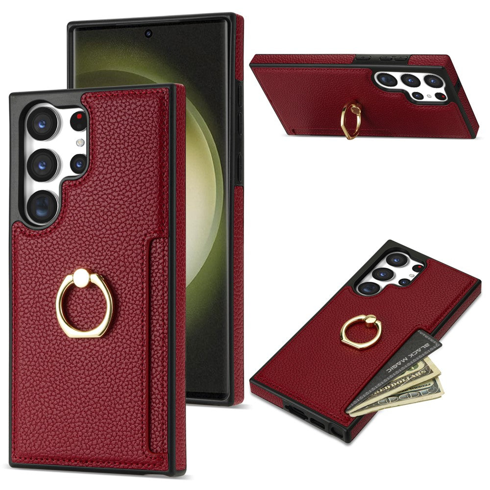For Samsung Galaxy S24 Ultra Cell Phone Case PU Leather + TPU Ring Kickstand Cover
