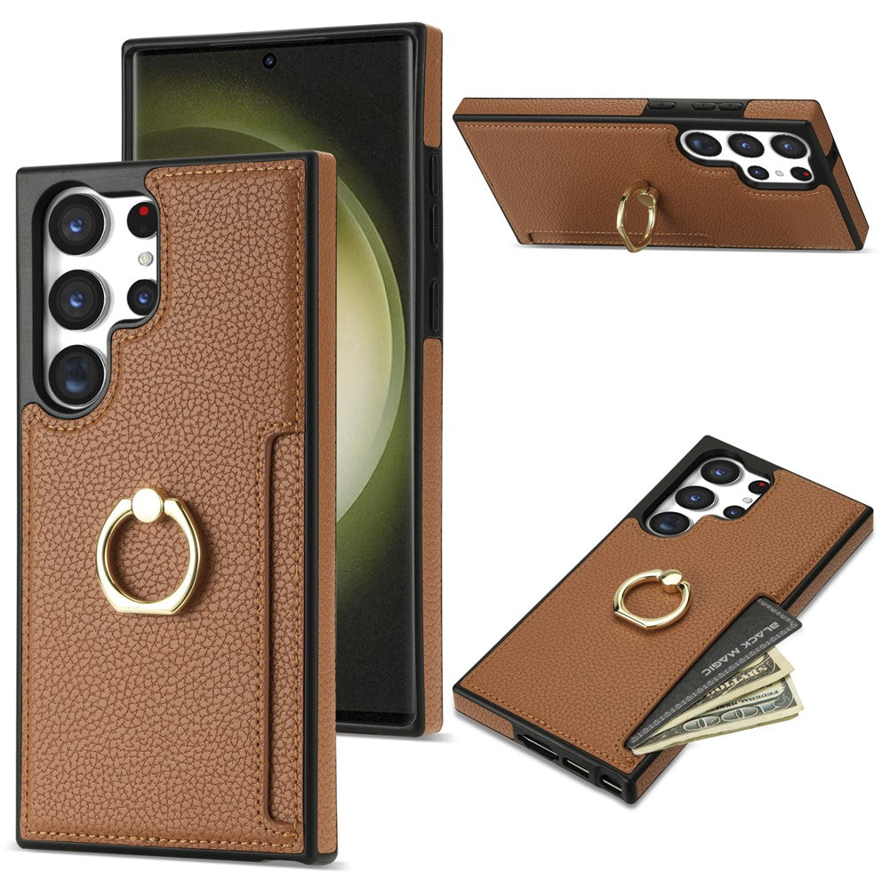 For Samsung Galaxy S24 Ultra Cell Phone Case PU Leather + TPU Ring Kickstand Cover