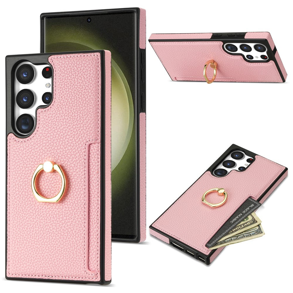 For Samsung Galaxy S24 Ultra Cell Phone Case PU Leather + TPU Ring Kickstand Cover