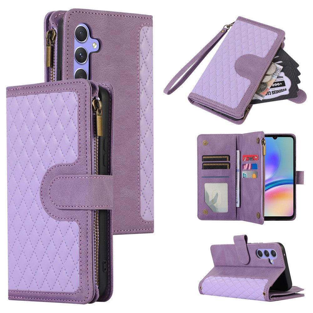 Til Samsung Galaxy A05s 4G Etui Lynlås Læder Rhombus Gitter Præget Telefonbeskytter