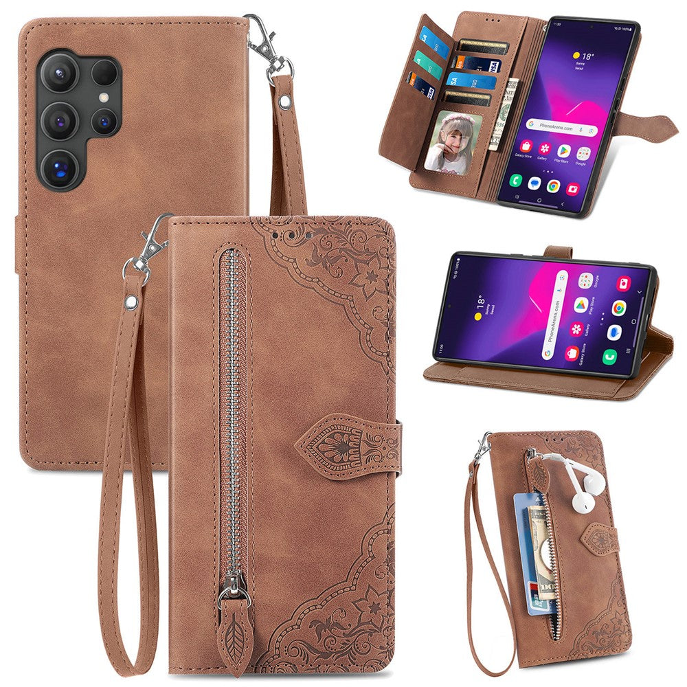 For Samsung Galaxy S24 Ultra Zipper Wallet Case with Strap Flower Imprint PU Leather Phone Cover