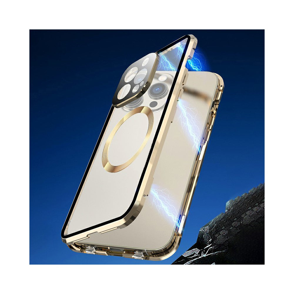 Case for iPhone 13 Pro Max Tempered Glass+Magnetic Adsorption Metal Phone Cover with Safety Lock
