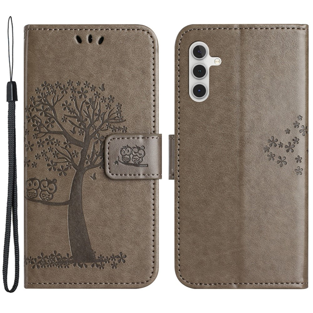 Til Samsung Galaxy A55 5G Cover med præget træuglemønster, læder telefonetui