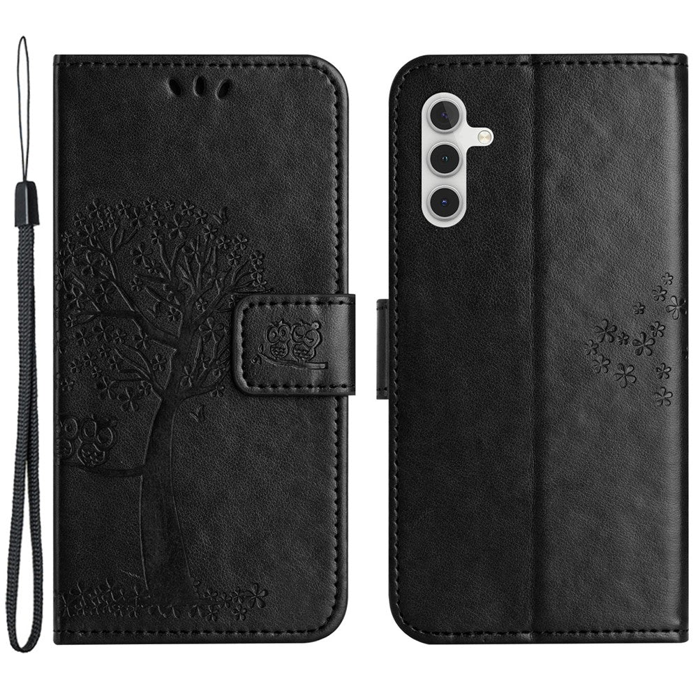 Til Samsung Galaxy A55 5G Cover med præget træuglemønster, læder telefonetui
