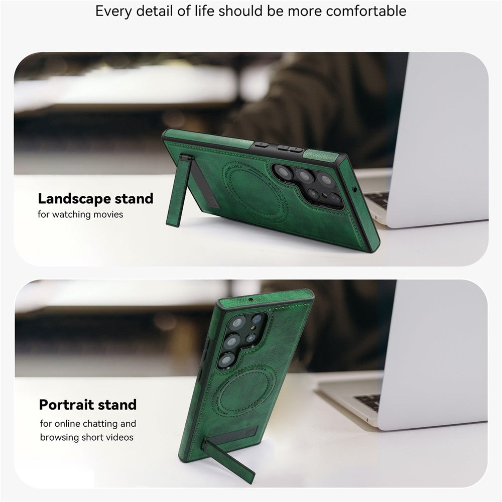 For Samsung Galaxy S24 Ultra Magnetic Case with Folded Kickstand PC Silicone Leather Phone Back Cover