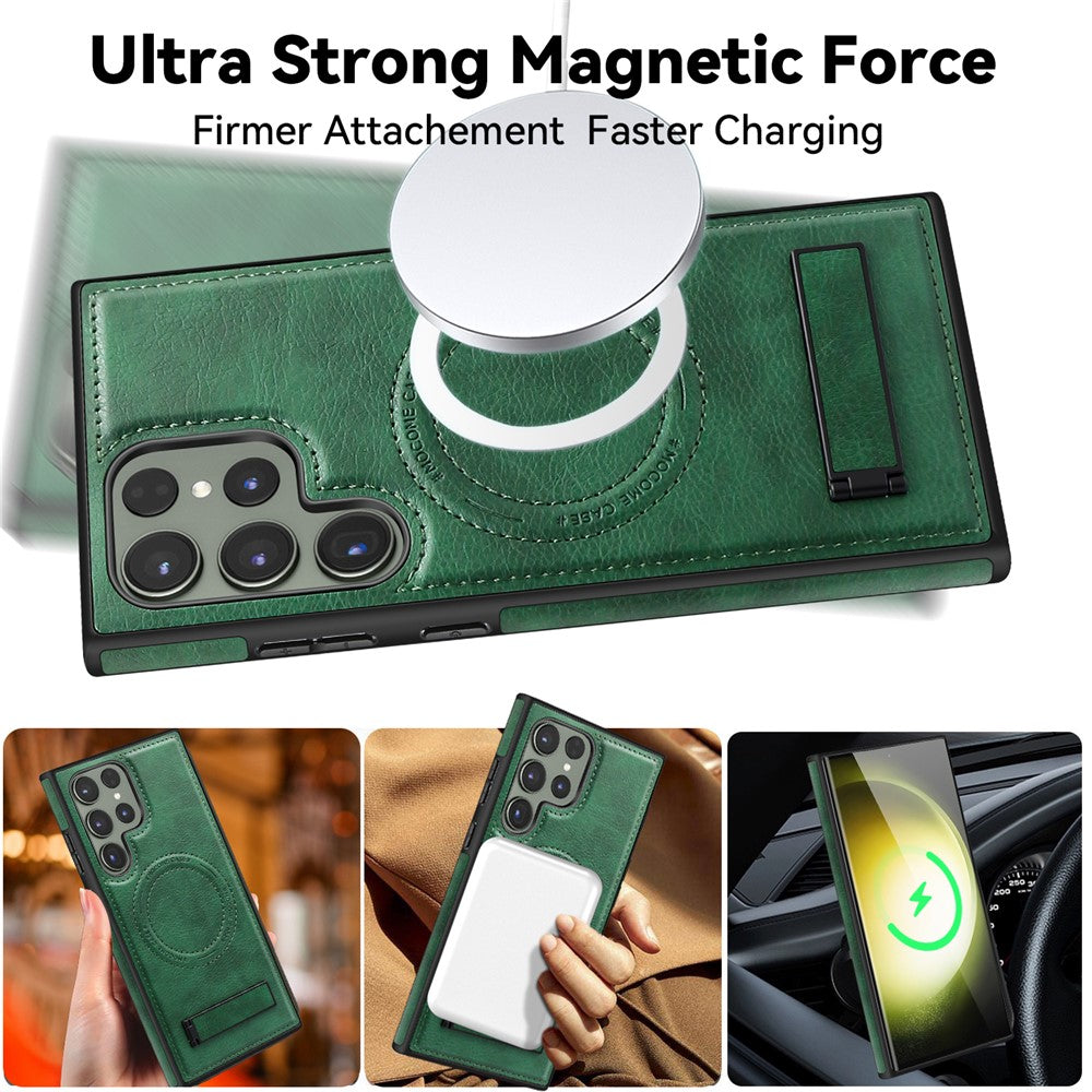 For Samsung Galaxy S24 Ultra Magnetic Case with Folded Kickstand PC Silicone Leather Phone Back Cover