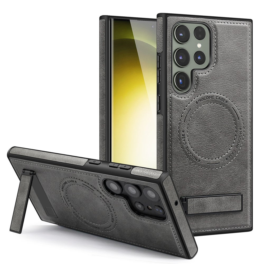 For Samsung Galaxy S24 Ultra Magnetic Case with Folded Kickstand PC Silicone Leather Phone Back Cover