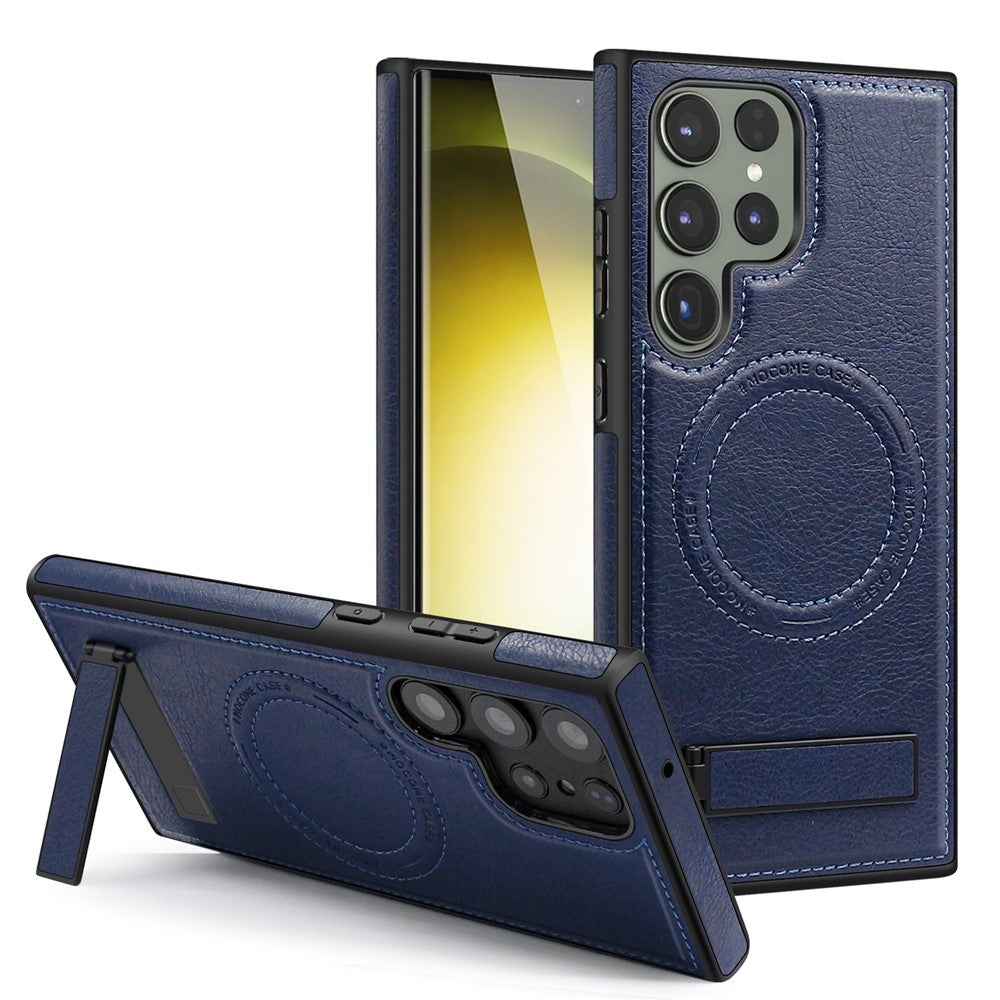 For Samsung Galaxy S24 Ultra Magnetic Case with Folded Kickstand PC Silicone Leather Phone Back Cover