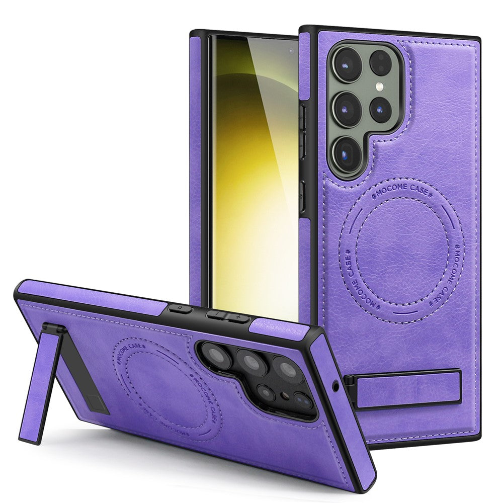 For Samsung Galaxy S24 Ultra Magnetic Case with Folded Kickstand PC Silicone Leather Phone Back Cover