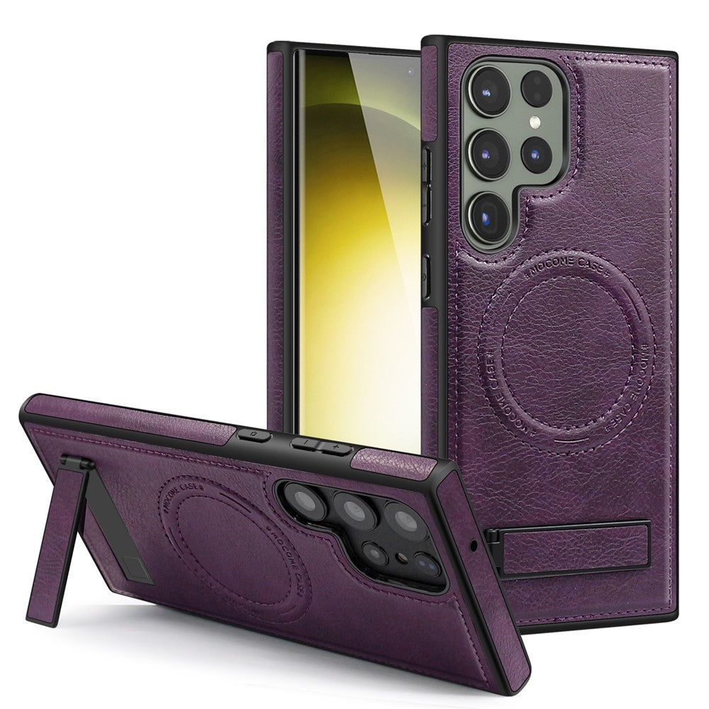 For Samsung Galaxy S24 Ultra Magnetic Case with Folded Kickstand PC Silicone Leather Phone Back Cover