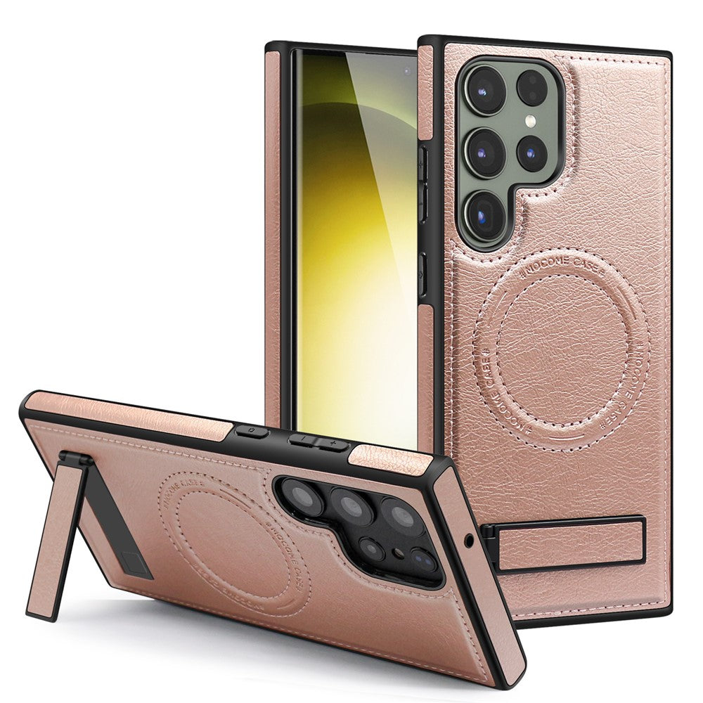 For Samsung Galaxy S24 Ultra Magnetic Case with Folded Kickstand PC Silicone Leather Phone Back Cover